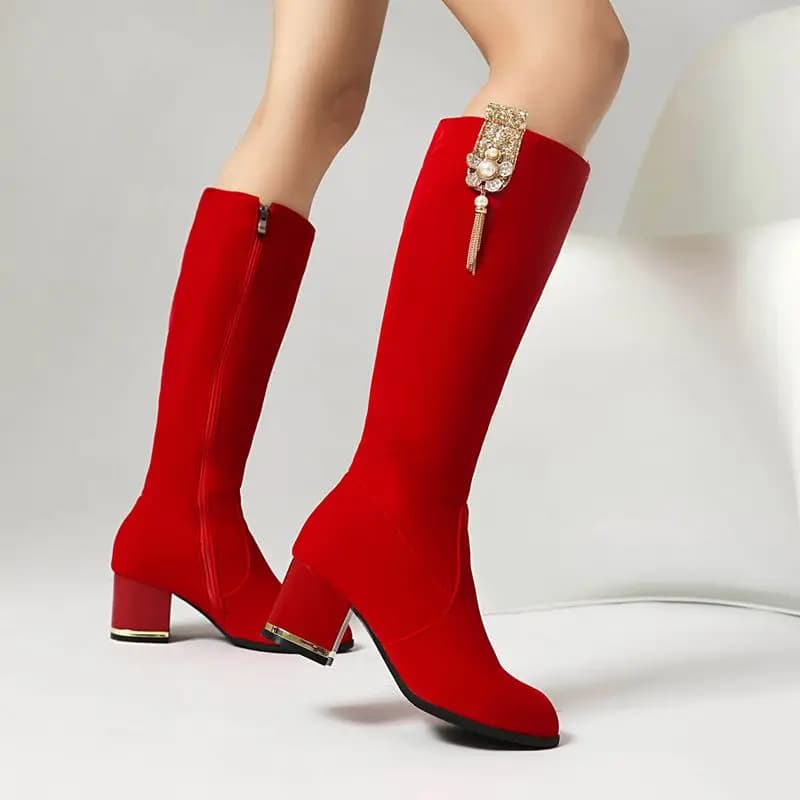 ORCHA LISA Shoes Women Women's Knee High Flock Suede Boots Round Toe Block Heel Red Size 43 Fashion Booties Ladies Shoes Winter