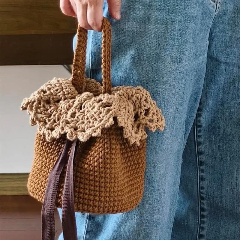 Kit Materiale per Borsa Secchiello in Filato Lavorato a Mano Stile Pizzo, Piccolo Cesto Fai-da-te, Materiale per Borsa Artigianale ZI752