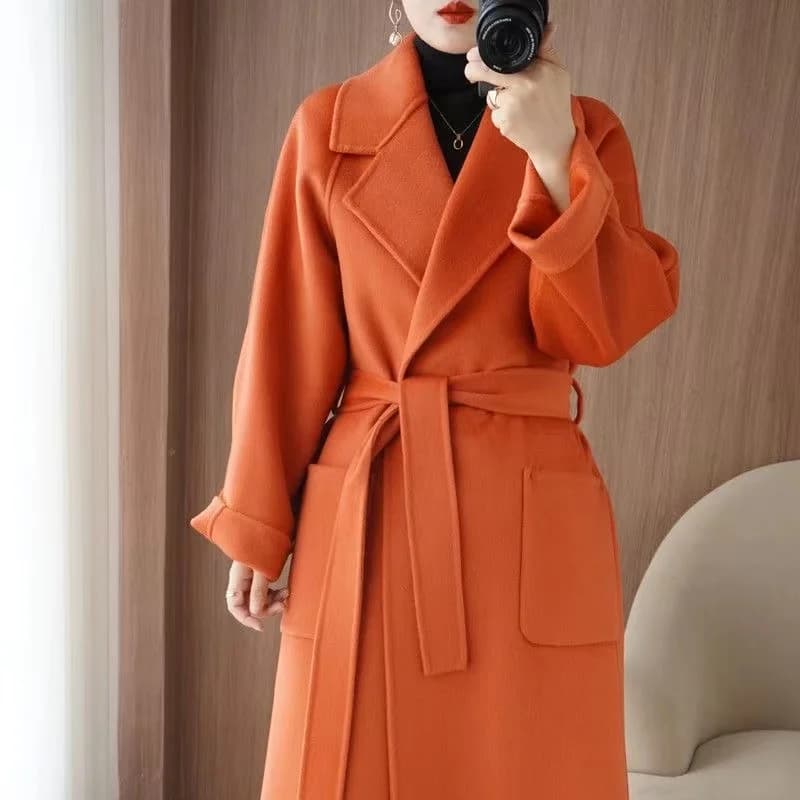 2024 Abbigliamento da donna Cappotto in lana 100% Autunno/Inverno Temperamento moda Cappotti in cashmere double face con cintura Elegante soprabito lungo