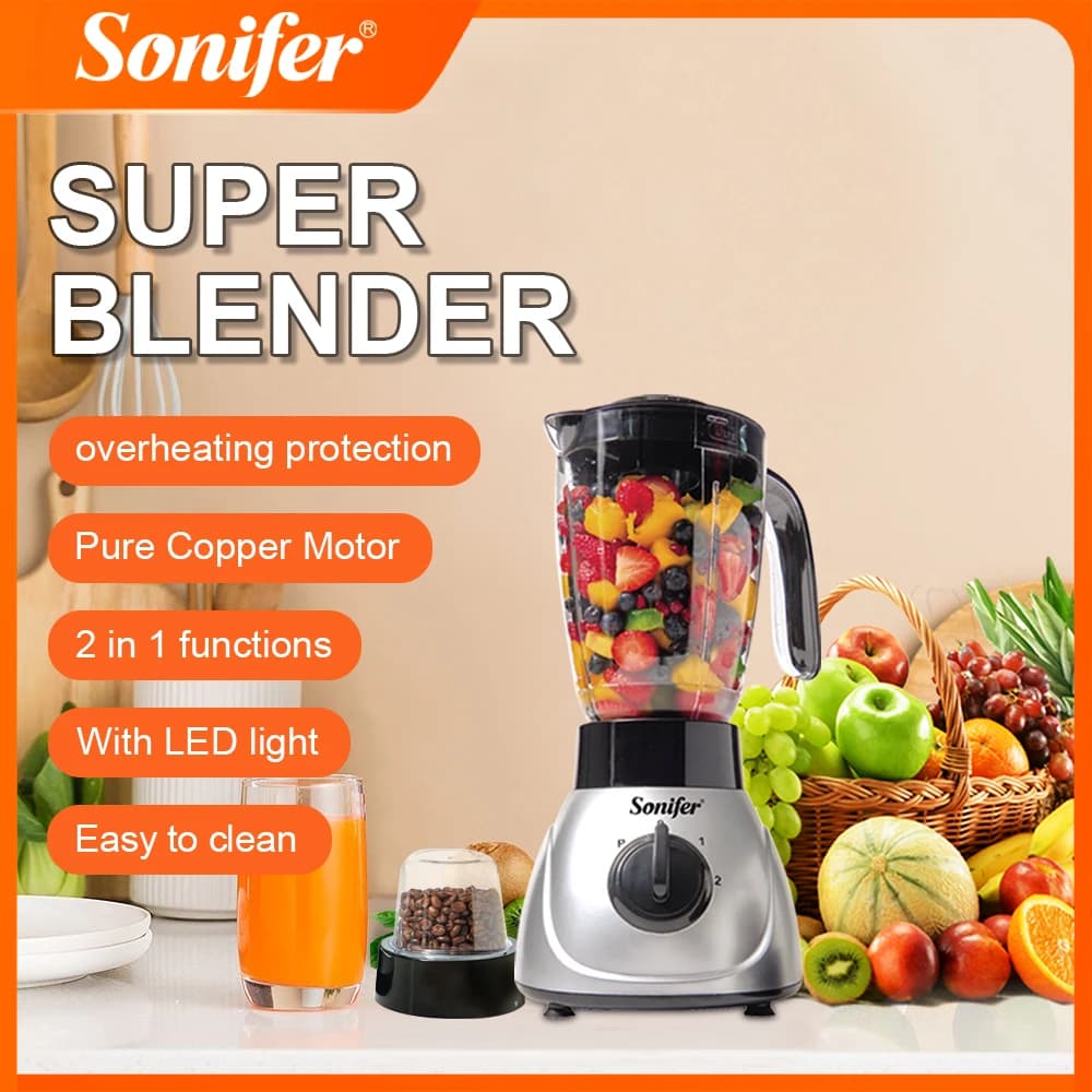 Blender Sonifer SF-8061 400W 2 in 1 Food Blender with 1.5L Juicer Cup 350g Grinder Stainless Steel Blade Pulse Kitchen