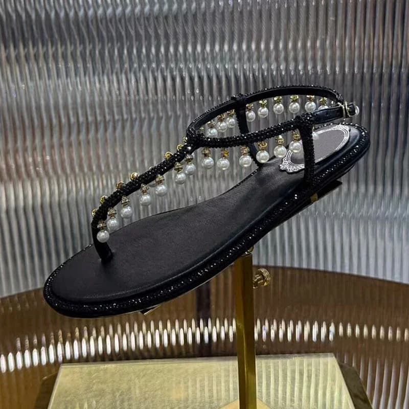 Sandals String Bead Strass Decor Ankle Strap Sandals Summer Women's Sweater Toe Holiday shoes with real leather flat bottom