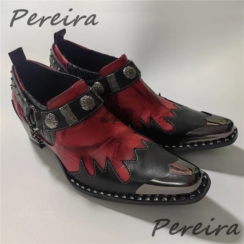 Scarpe Eleganti da Uomo con Rivetti Metallici, Patchwork Rosso e Nero, Punta in Ferro, Tacco Alto, Mocassini per Banchetti, Feste, Casual e Business