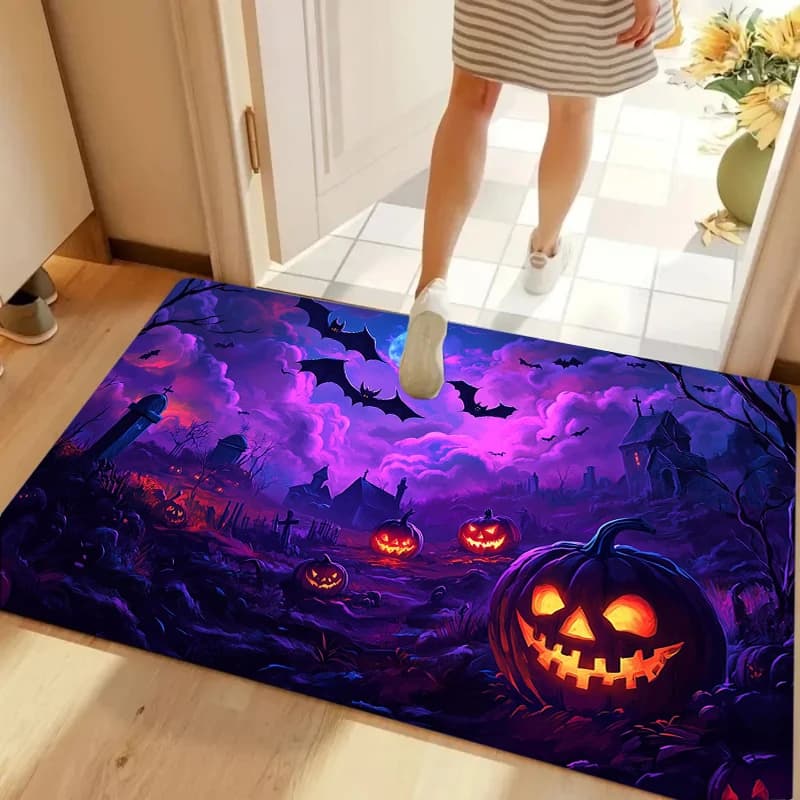 Purple Night Graveyard Bat Church Glowing Pumpkin Mist Entrance Mat Non-Slip Doormat for Front Door Porch Mystery