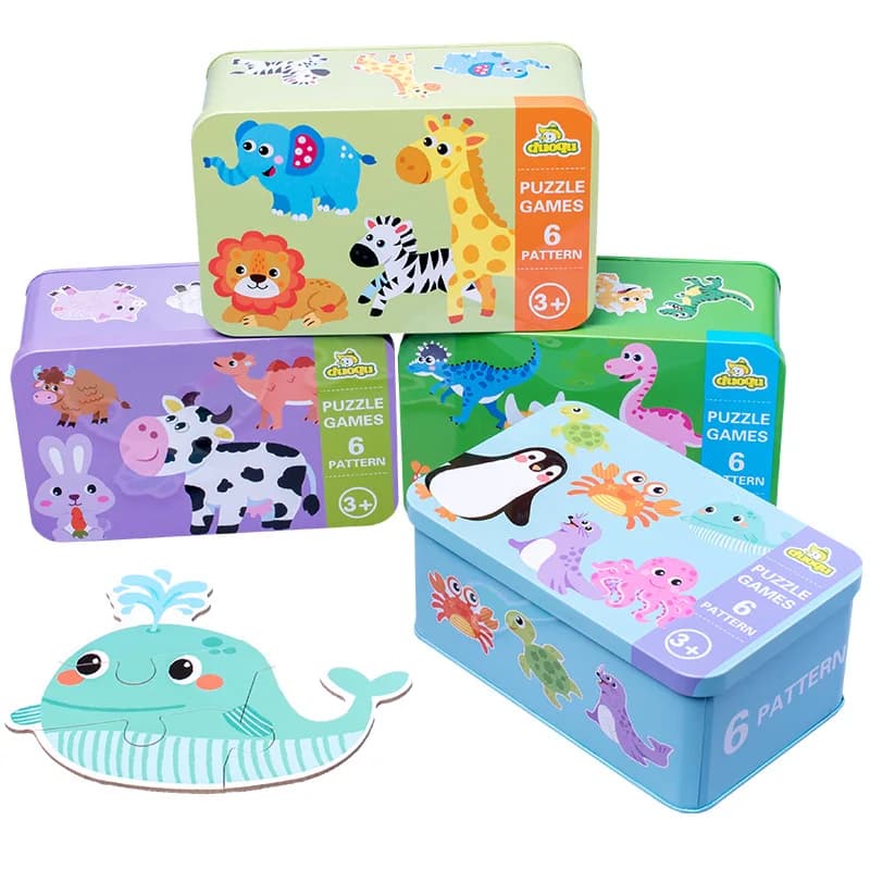 Puzzle per bambini Giocattoli educativi Montessori Giochi puzzle 3D in legno Scatola di ferro Puzzle per bambini Puzzle Puzzle in legno per bambini