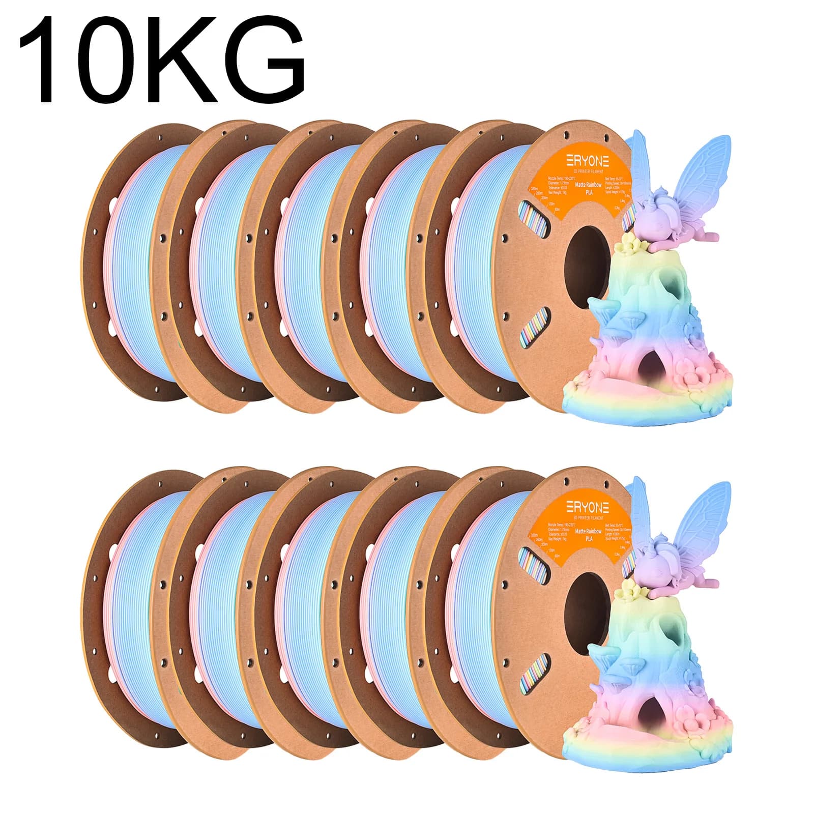 ERYONE Filamento PLA Opaco Arcobaleno per Stampante 3D 10KG 1.75mm, Finitura Opaca Premium Multicolore Sfumato, Non Riflettente 1kg Ingrosso