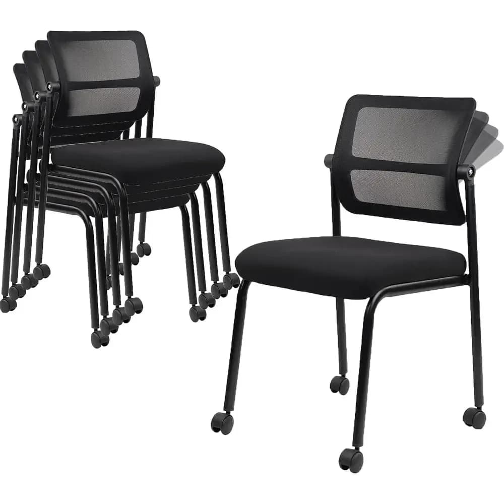 Sedia da Ufficio Ergonomica Regolabile in Rete con Ruote, Supporto Lombare, Cuscino in Pelle per Conferenze, Lobby, Scuola - Nera