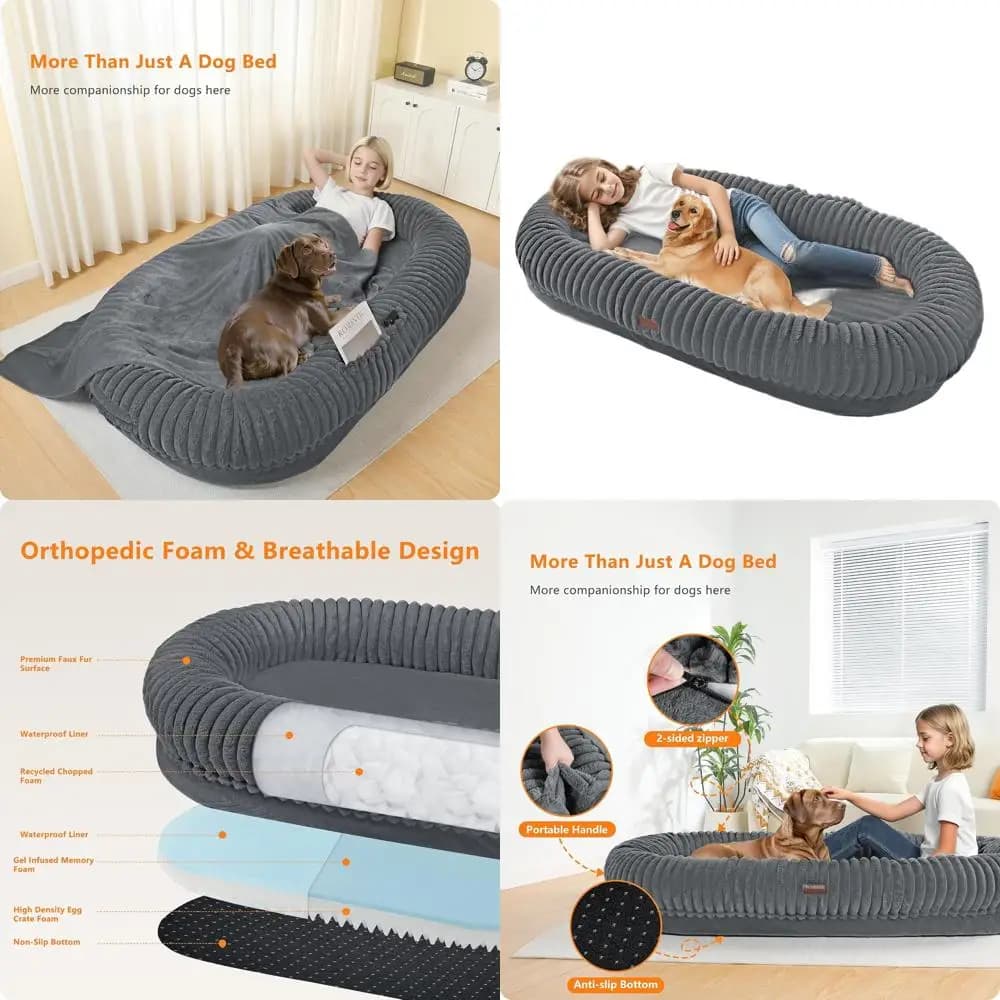 Letto per cani reversibile in memory foam gel ortopedico per adulti, pelliccia sintetica lavabile, 63x37x11, grigio medio