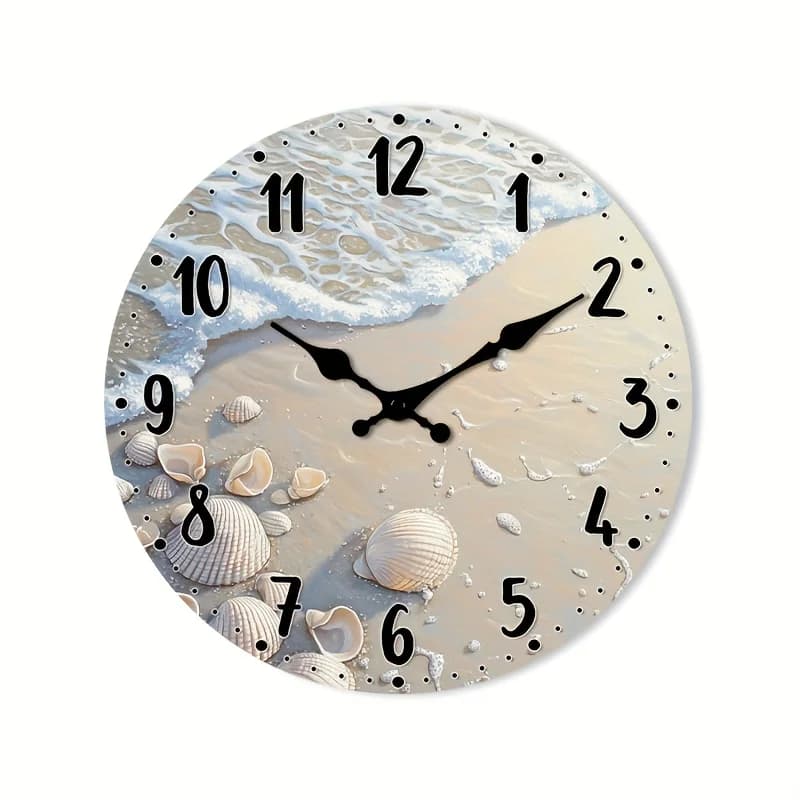 1pc Silent Non-Ticking Wall Clock Large Easy-to-Read Black Hands Beige Face, Beach-Themed Coastal
