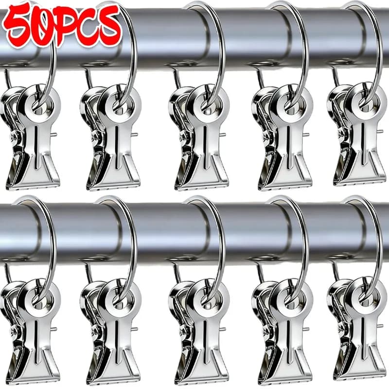 50/10 Pezzi Clip per Tende in Acciaio Inox con Anelli, Ganci Decorativi per Casa, Camera da Letto, Bagno, Morsetti per Asciugamani e Tende