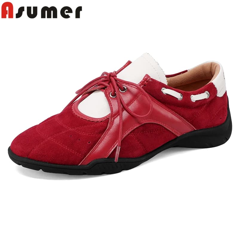 ASUMER Taglia 34-43 Nuove sneakers da donna in pelle scamosciata di mucca Rosso Nero Marrone Scarpe basse fatte a mano Scarpe casual Scarpe moda