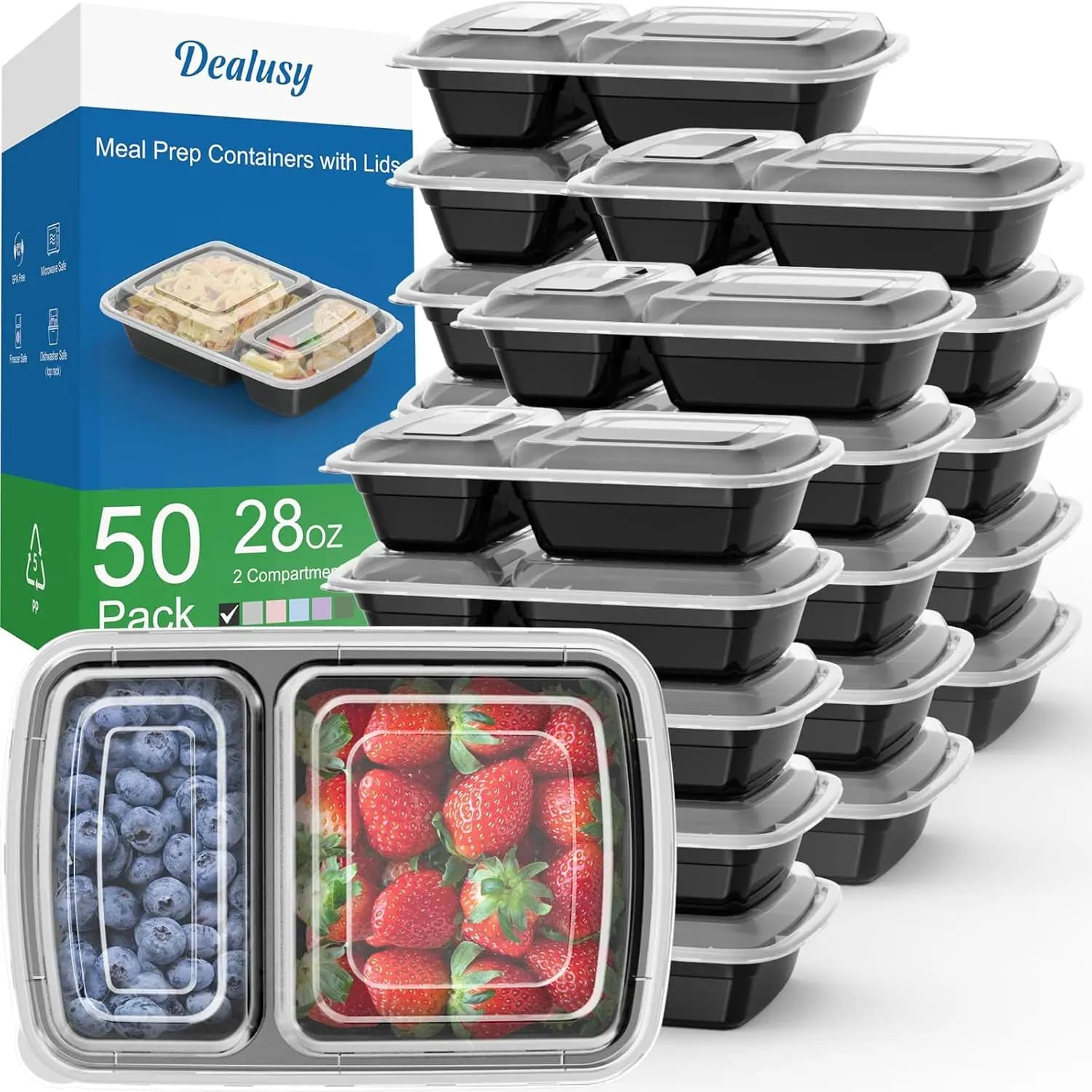 Confezione da 50 (100 Pezzi) Contenitori per Preparazione Pasti da 28 oz, Riutilizzabili con Coperchi, Robusti, Ermetici, Sicuri per Alimenti, Adatti a Microonde, Congelatore e Lavastoviglie