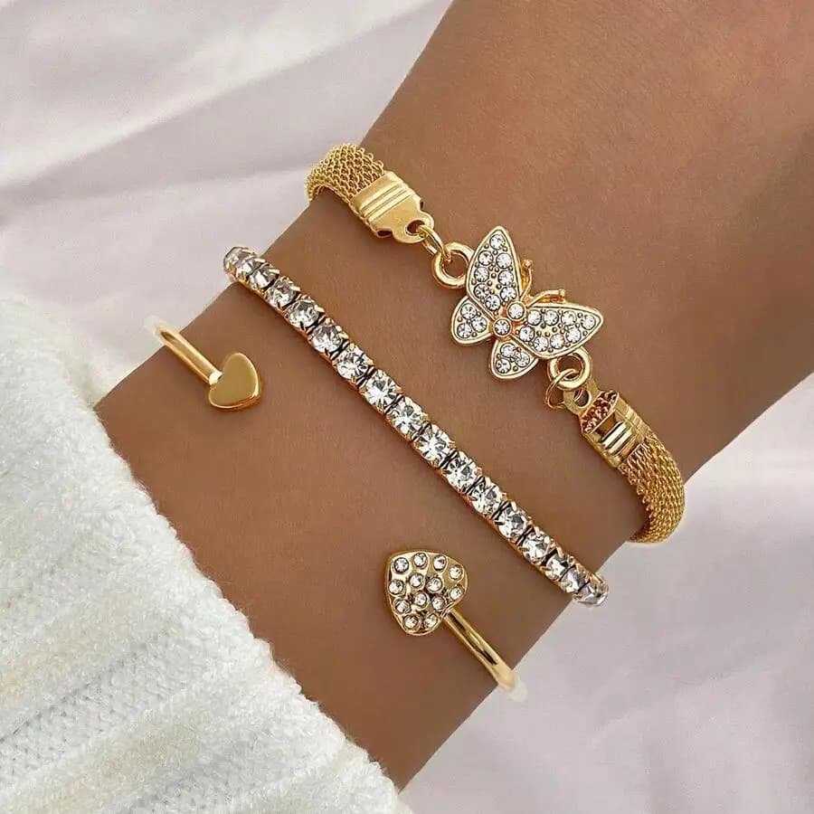 Luxury Diamond Butterfly Bracelet Three Piece Set Open Bangle Stackable Alloy Fashion Women Hand Jewelry