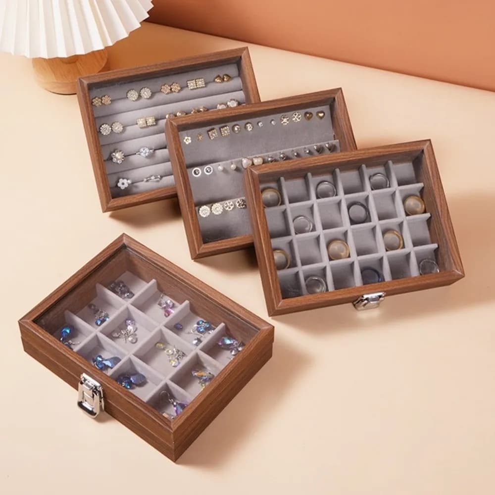 Walnut color Jewelry Box Solid Wood with Lid Ring Necklace Storage Box Transparent Cover Dustproof Jewelry Display Box Bracelets