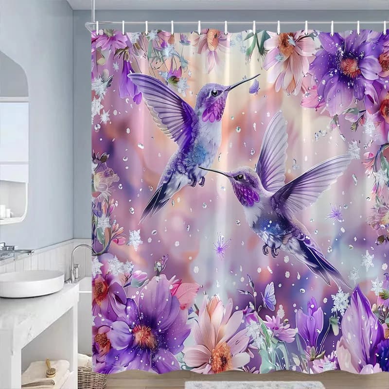 Tende da doccia viola con farfalle, uccelli e fiori, decorazione moderna per bagno in poliestere con ganci