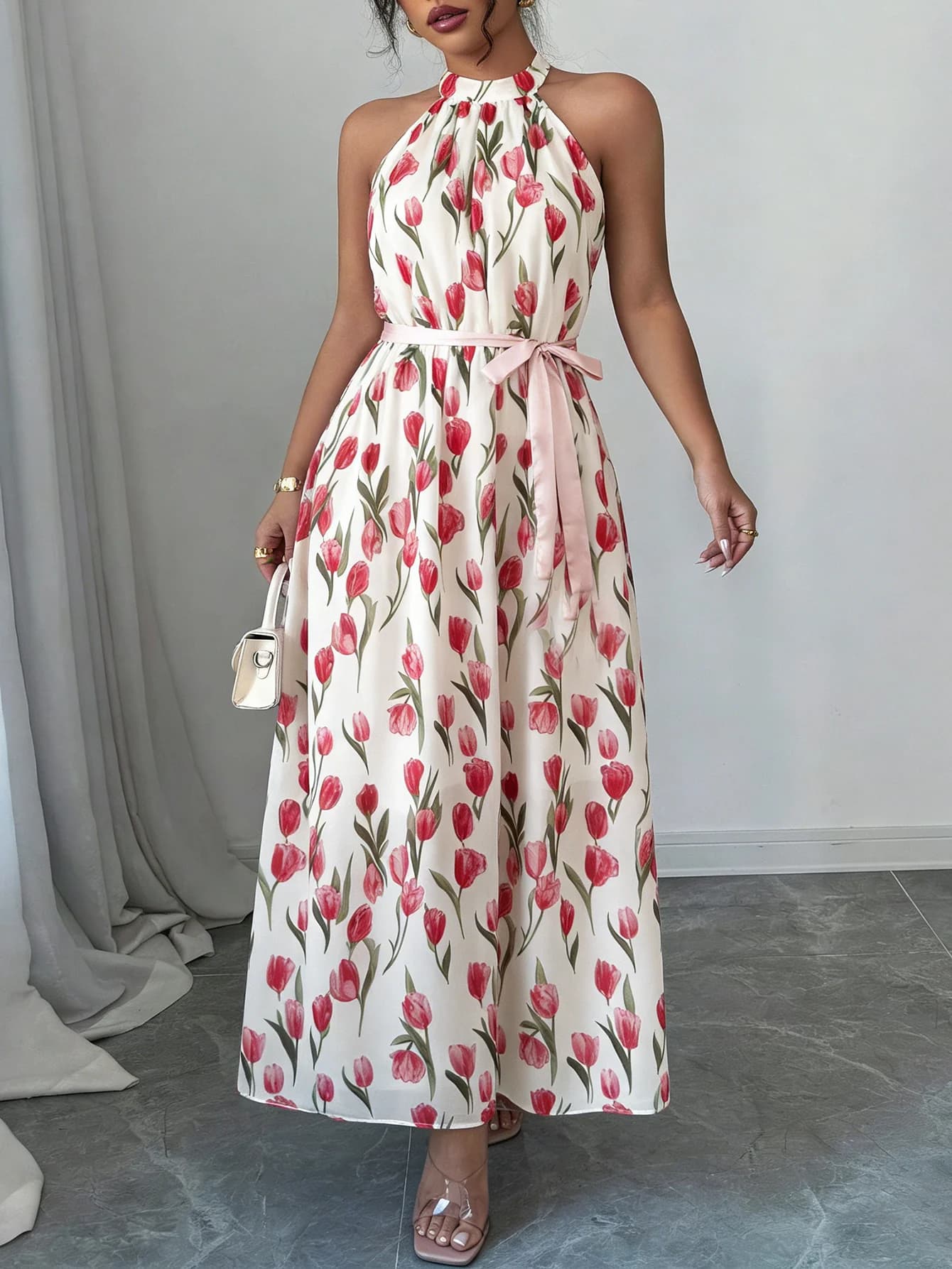 Women Halter Maxi Dress Sleeveless Floral Printed Belted Flowy Dress Elegant Casual Spring Summer Beach Vacation Party Dress