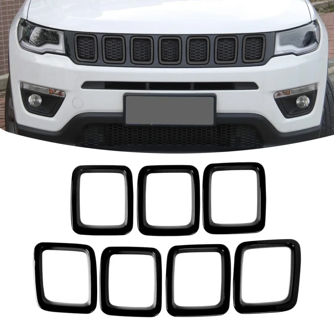 7Pcs Front Grille Inserts Trim Rings Gloss Black Grill Decor Cover For Jeep Compass 2017‑2020 Car Modification Accessories