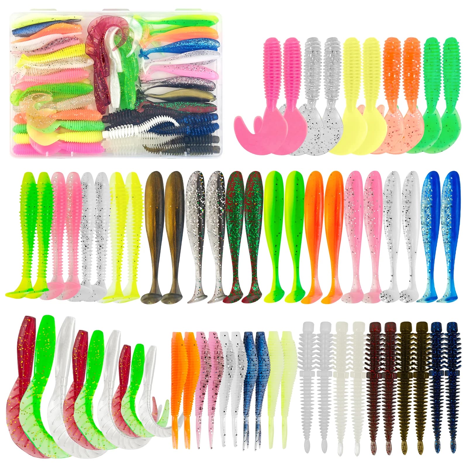 FISHER GRATUITO 64 pz/lotto Kit Esche Morbide Da Pesca, Gommini Esche, Coda Swimbaits, Attrezzatura Da Pesca Gear Box per Acqua Dolce/Acqua Salata