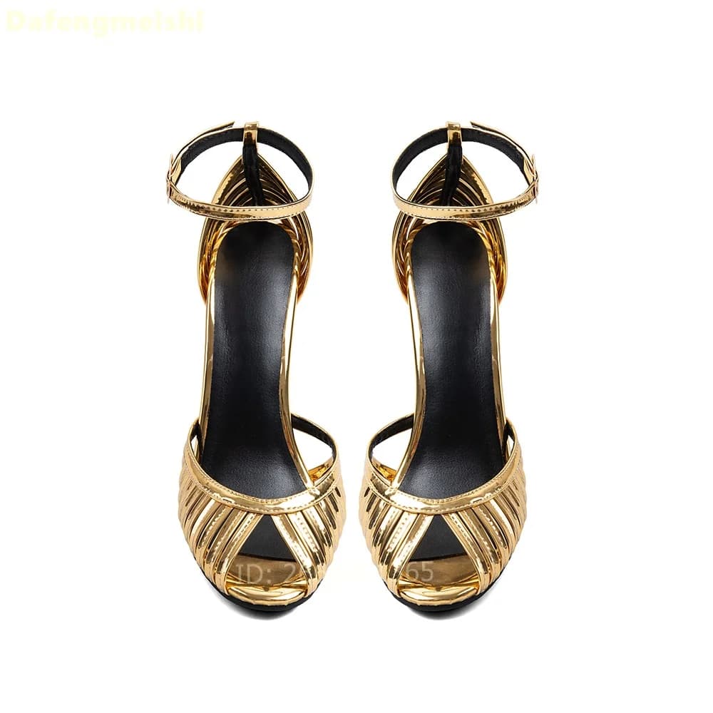 Metallic Gold Cutout Cage Ankle Strap Sandals Round Peep Toe Adjustable Buckle Stiletto Heels Women Wedding Party Dress Shoes