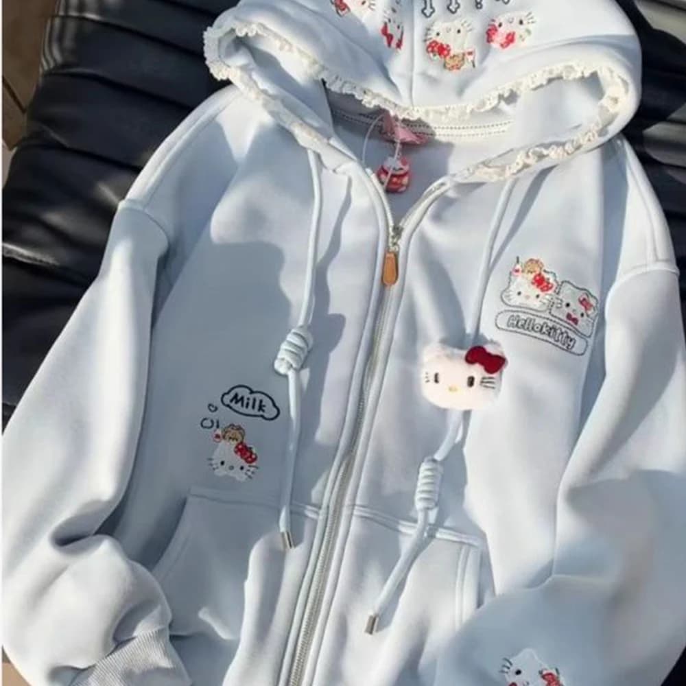 Felpa con Cappuccio Anime Hello Kitty per Donna, Abbigliamento Sportivo con Cerniera, Ricamo in Pizzo, Stile Y2K, Moda Streetwear
