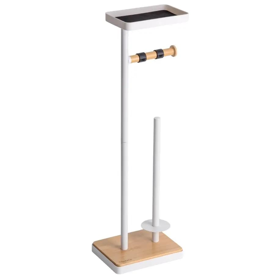 Portarotolo da terra, Portarotolo autoportante con vano portaoggetti e ripiano superiore, Portarotolo bianco con base appesantita