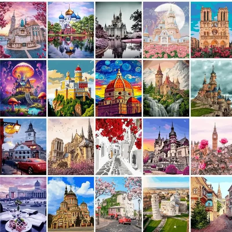 GATYZTORY Diy Painting By Numbers Castles Acrylic Paints Gift For Adults Kids Canvas Painting Spring Landscape Artwork Wall Art