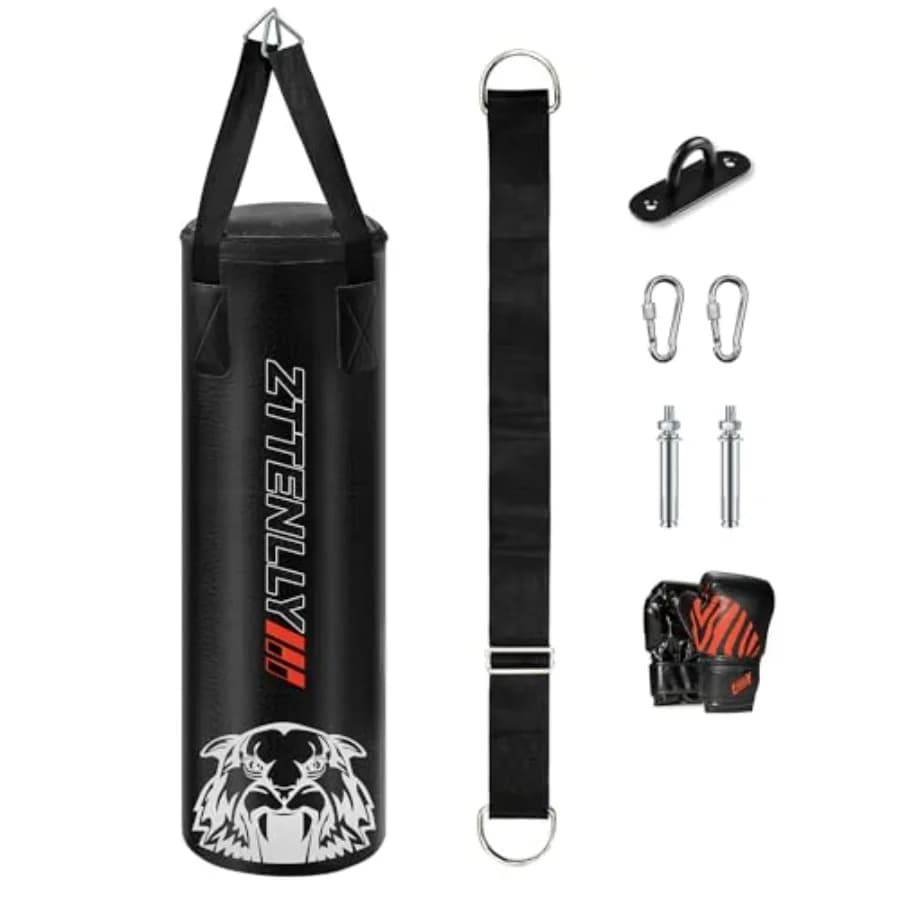 Punching Bag with Gloves - PU Leather Black Gray - Adjustable Height Strap for 3-8-14 Years Ideal for Boxing MMA Kickboxing Tra