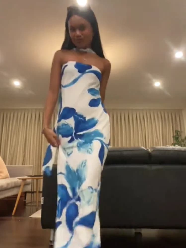 Women's Elegant Floral Print Strapless Maxi Dress Choker Scarf Side Slit Bodycon Party Dresses Trend Female Casual Vacation Wear
