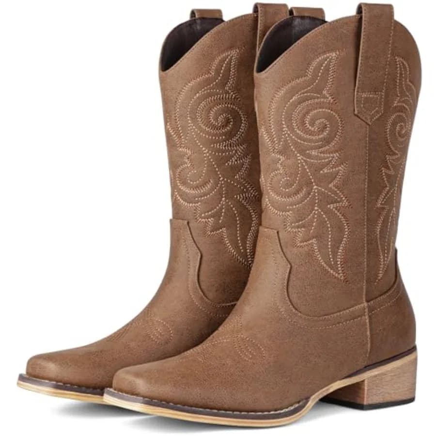 Pasuot Western Cowboy Boots for Women - Square Toe Mid Calf Cowgirl Boots, Low Chunky Heel Country Boot with Classic Retro Embr