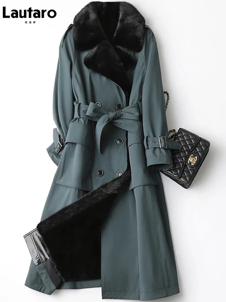 Lautaro Trench invernale lungo caldo e spesso con pelliccia sintetica, tasche interne con cintura, doppio petto, foderato in pelliccia di lusso per donna