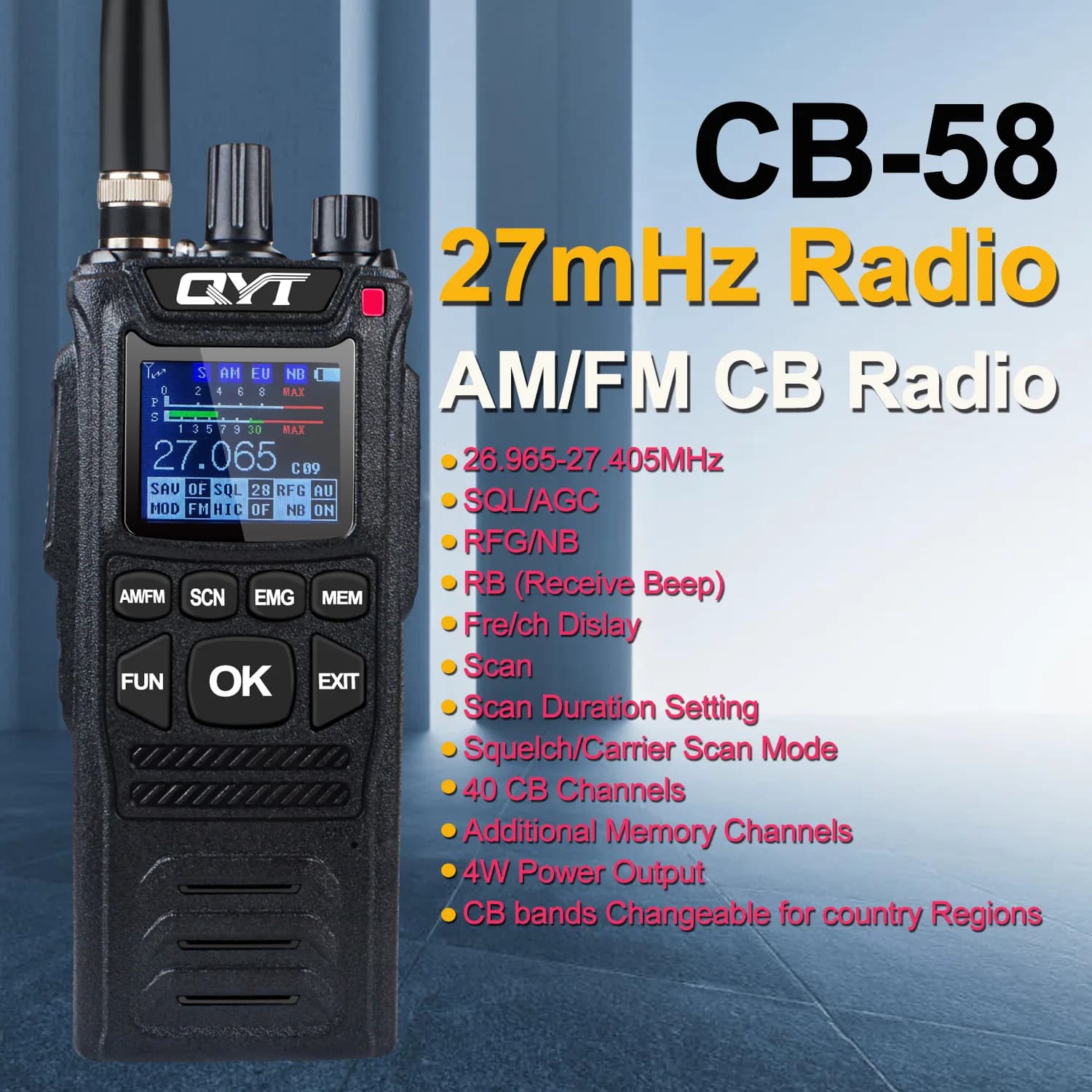 QYT CB-58 MULTI EUROPEAN portatile - NORMS 12V CB 27MHz AM/FM NB Walkie Talkie Citizen Band Radio a lungo raggio