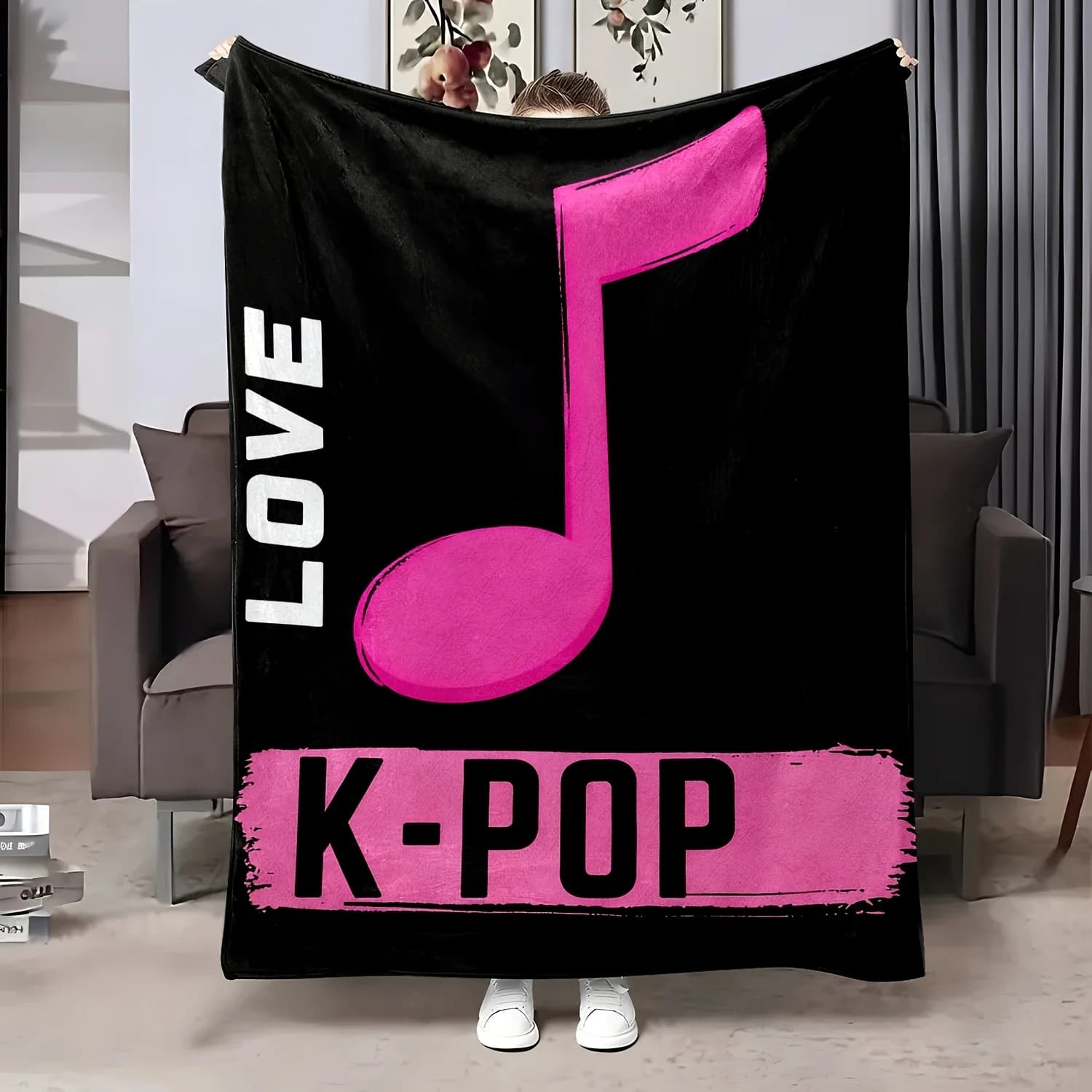 Coperta in pile super grande con motivo a note musicali KPOP, copridivano 150x200cm, decorazione invernale per divano, regalo per fan e ragazze