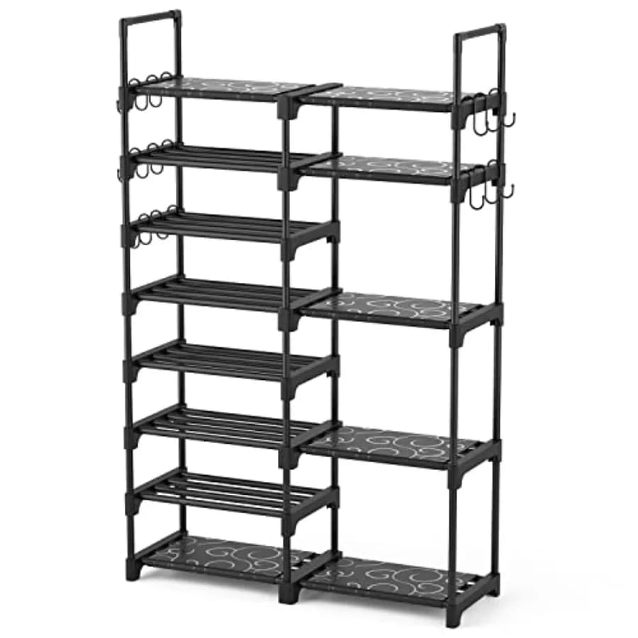 Organizzatore per Scarpe, Scaffale Portascarpe a 8 Ripiani in Metallo per Armadio, Ingresso, Garage, Ripiano Alto per 26-32 Paia di Scarpe e Stivali con 15 Ganci