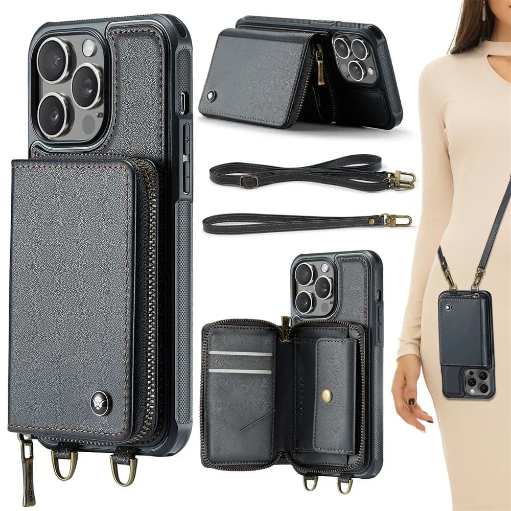 Custodia a portafoglio con porta carte per iPhone 17 16 15 14 13 12 11ProMax Blocco RFID Custodia in pelle PU Folio antiurto con cerniera