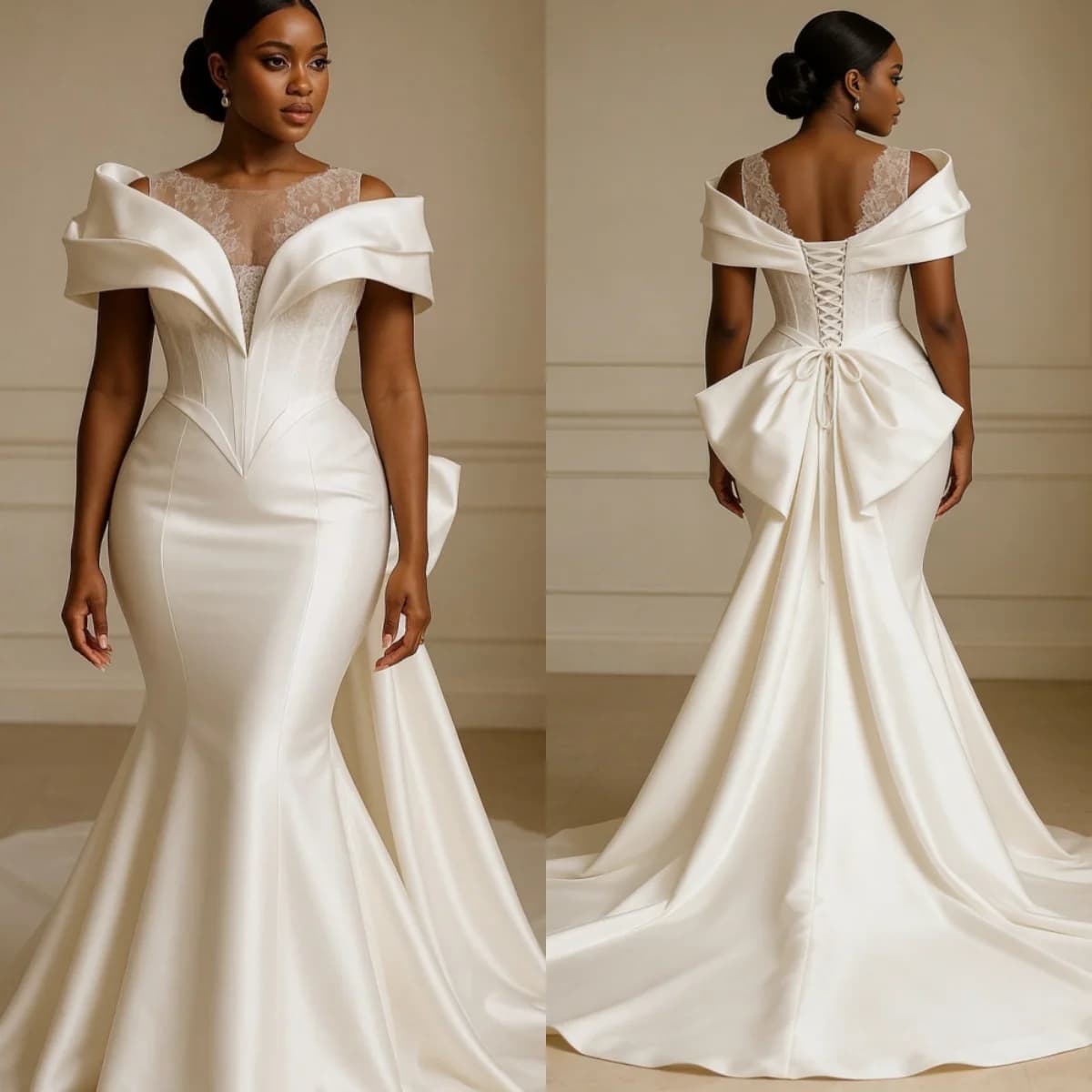 Abito da sposa a sirena personalizzato stile africano 2026, lussuoso in raso con design sulle spalle, decorazioni in pizzo e schiena scoperta con spalline - Vestido De Novia