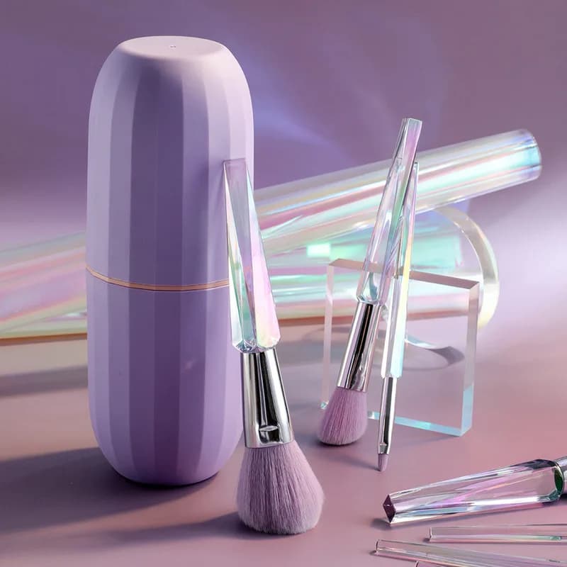 Set di 10 Pennelli da Trucco Trasparenti con Secchiello in PVC Viola e Manico in Cristallo Diamantato - Nuovo Set di Strumenti di Bellezza