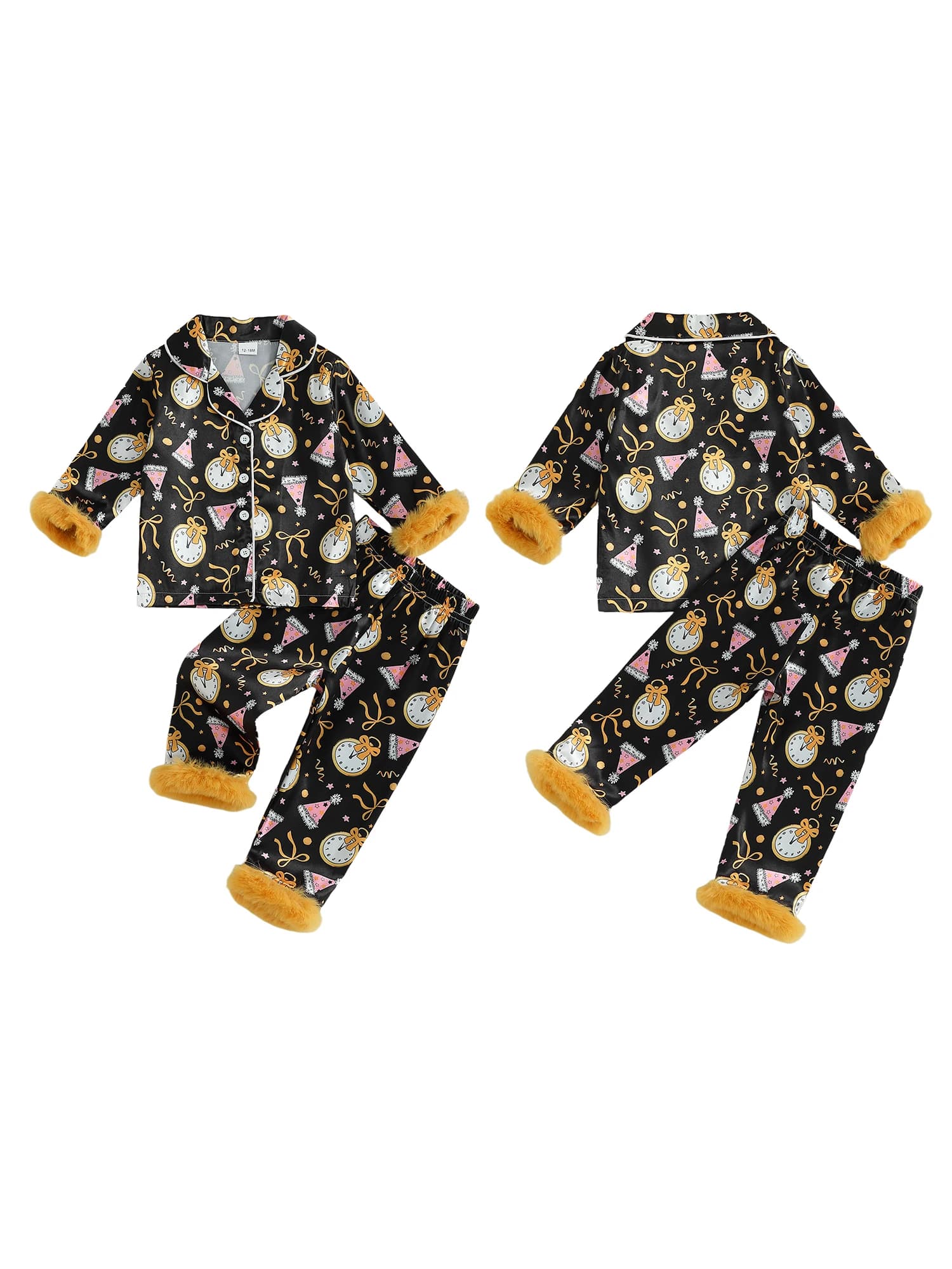Simpatico pigiama invernale per bambina con adorabile fiocco stampato, colletto con risvolto, manica lunga, top abbottonato e pantaloni comodi per dolce