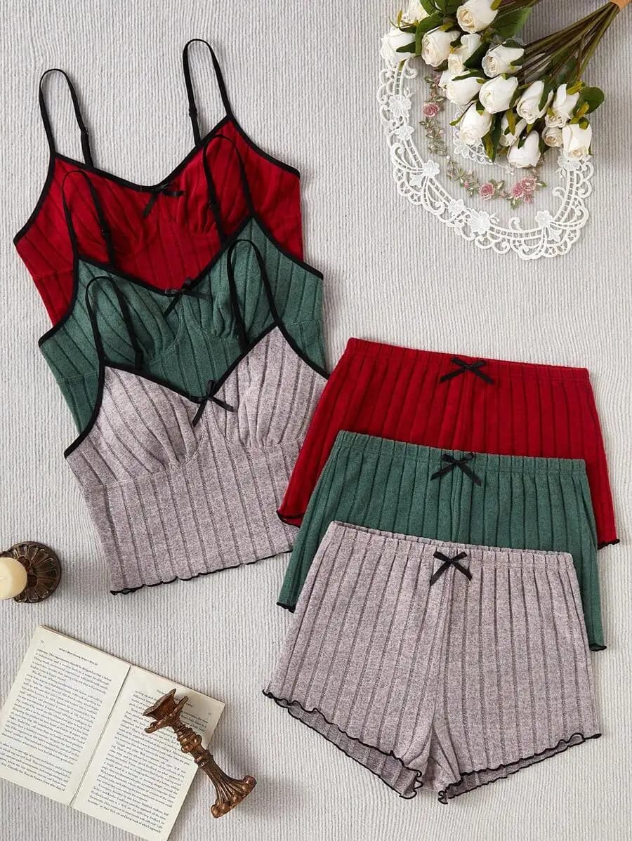 Womens Bow Detail Spaghetti Strap Cami Top And Ribbed Shorts Set