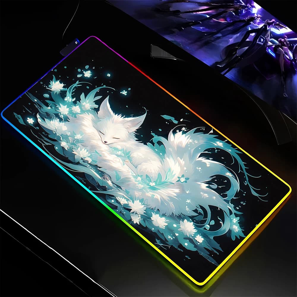 Anime Fox Rgb Mouse Pad Xxl Tappetino per laptop Led Gaming Backlit Mousepad Tastiera Tappetini Gamer Tappetini da tavolo Cartoon Deskpad Mausepad Cs Go