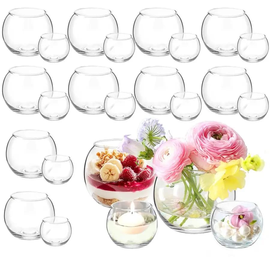 Set of 12 bubble transparent glass vases, small flower buds, set of 12 pieces of 4W x 3H transparent bowl vases, set of 12 pieces round vases for 2.6W x 2.2H candles