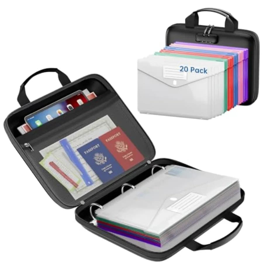 Organizzatore per Cartelle con 20 Tasche in Plastica Resistente, Scatola Portadocumenti Ignifuga con Chiusura a Zip per Impo