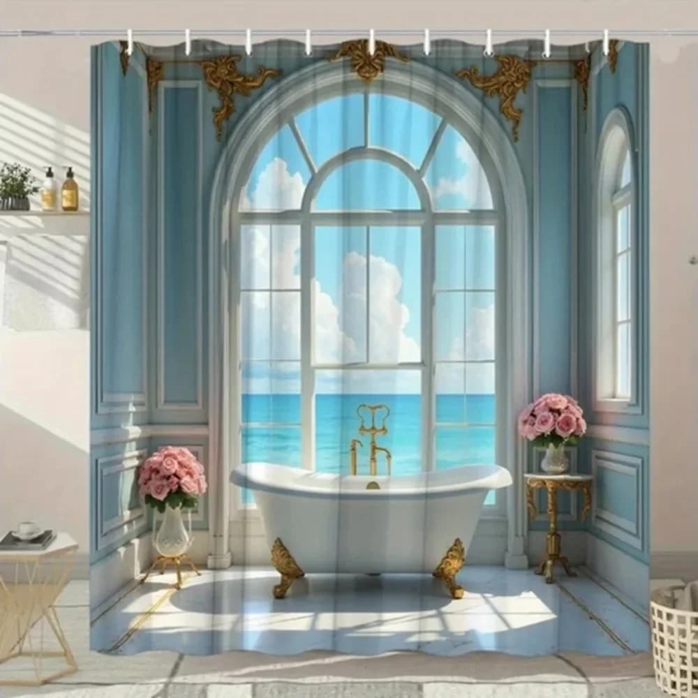 Bagno barocco da 1 pezzo con tenda da doccia con vista sull'oceano, lussuoso bagno vintage con finestra ad arco che mostra la vista sull'oceano