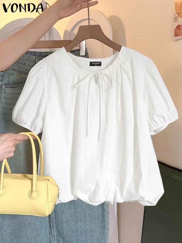 VONDA Moda Estate Camicette a maniche corte Donna Tunica Top Fasciatura O-Collo Casual Solido Allentato Elegante Ufficio Coreano Dolce Blusas