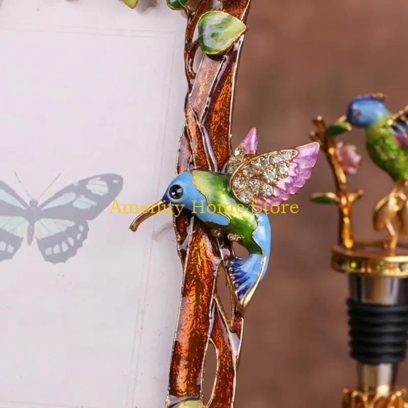 F26C Elegant Enameled Floral Bird Metal Picture Frame With Shimmering Rhinestones And Garden Theme for Tabletop Display