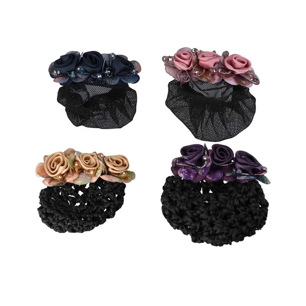 Elegant Vintage Spring Clip For Nurses Mesh Floral Barrettes Beaded Flower Bun Snood Zircon Crystal Hairnet Cover Women Bun Net