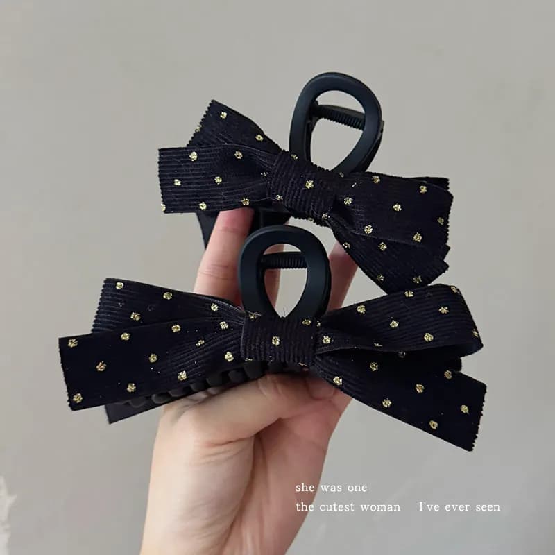 Polka dot black bow princess hair clip for everyday wear, high-end hair clip with a large shark hair clip