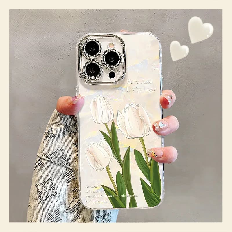Apple 17 Pro Max phone case, also compatible with 16, 15, 14, with white tulip design and bracelet, high-end effect, fresh and all-inclusive.