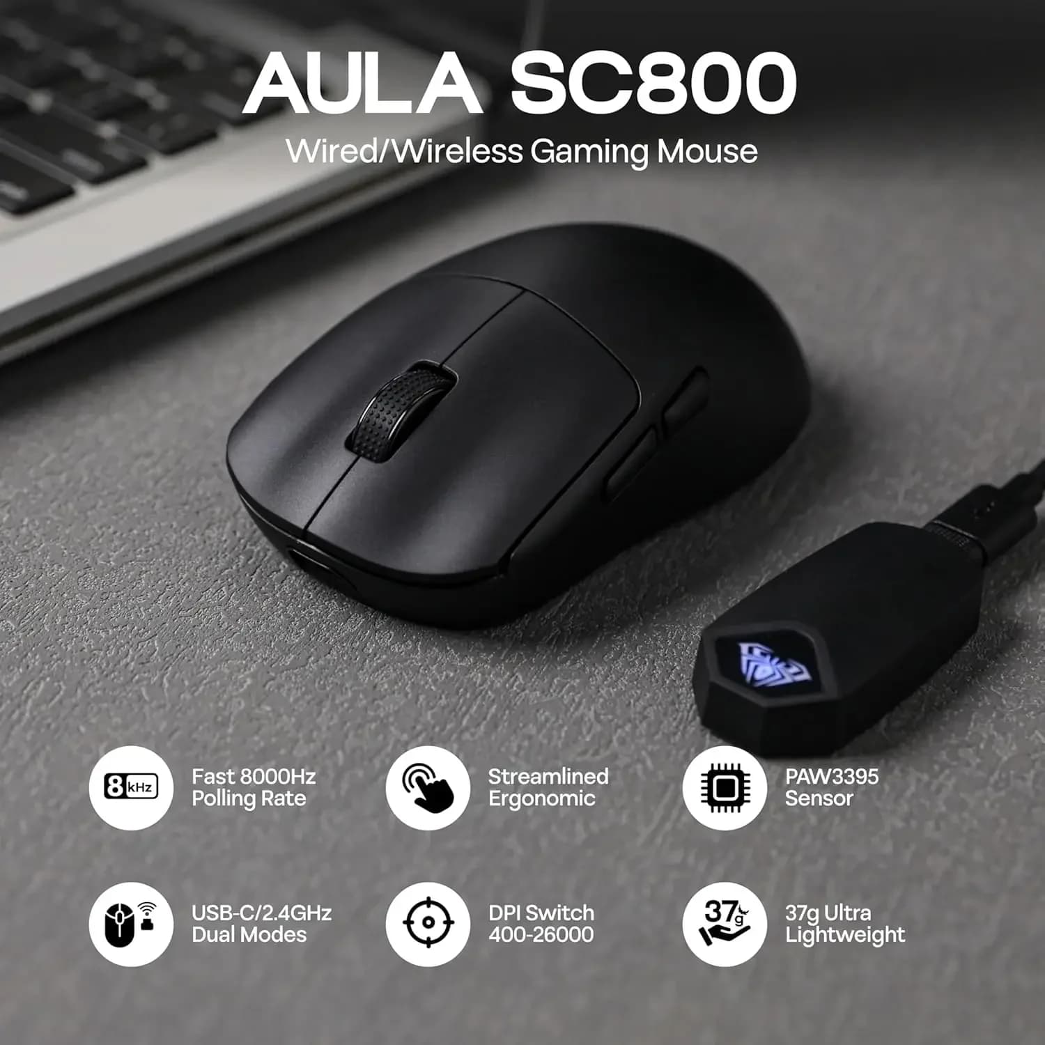 AULA SC800 Gaming Mouse USB-C Wired/2.4G 37g Lightweight 8K Paw3395 Sensor Customized Mice PC E-Sports Gamer Accessories Gifts