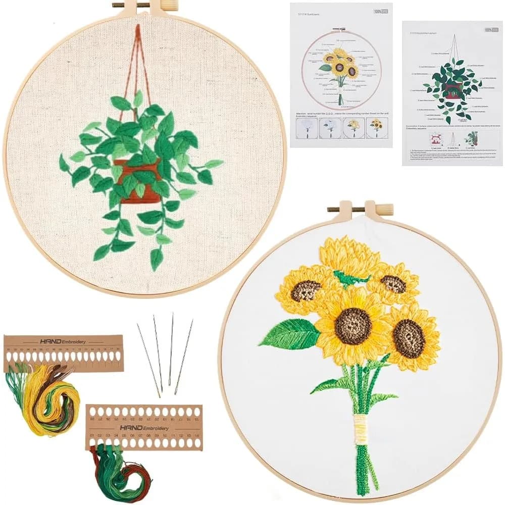 2 Sets 2 Styles DIY Embroidery Kits Including Printed Fabric Embroidery Thread Needles Plastic Embroidery Hoop