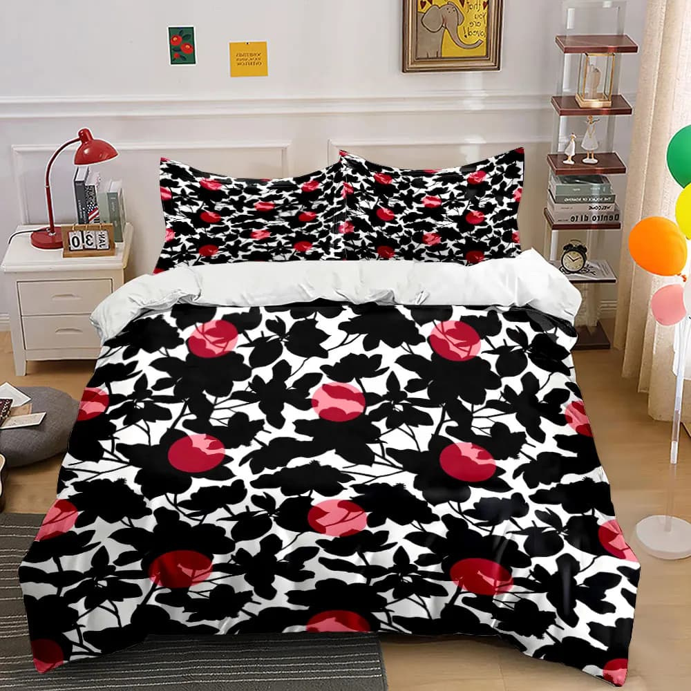Abstract red flowers and black leaves pattern Print Bedding Set 1 Duvet Cover 2 Pillowcases for Adult and Children Luxury Gift