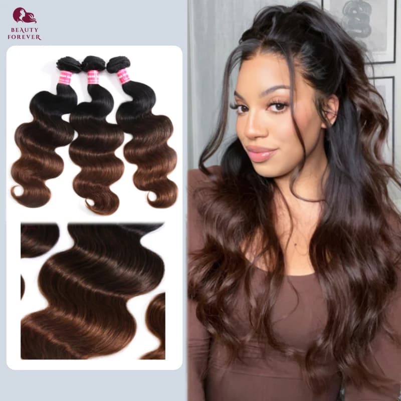 Extension di Capelli Umani Ombre Marrone Cioccolato Beauty Forever, Ondulati, Grado 12A, con Riflessi Colorati, 3/4 Pacchi